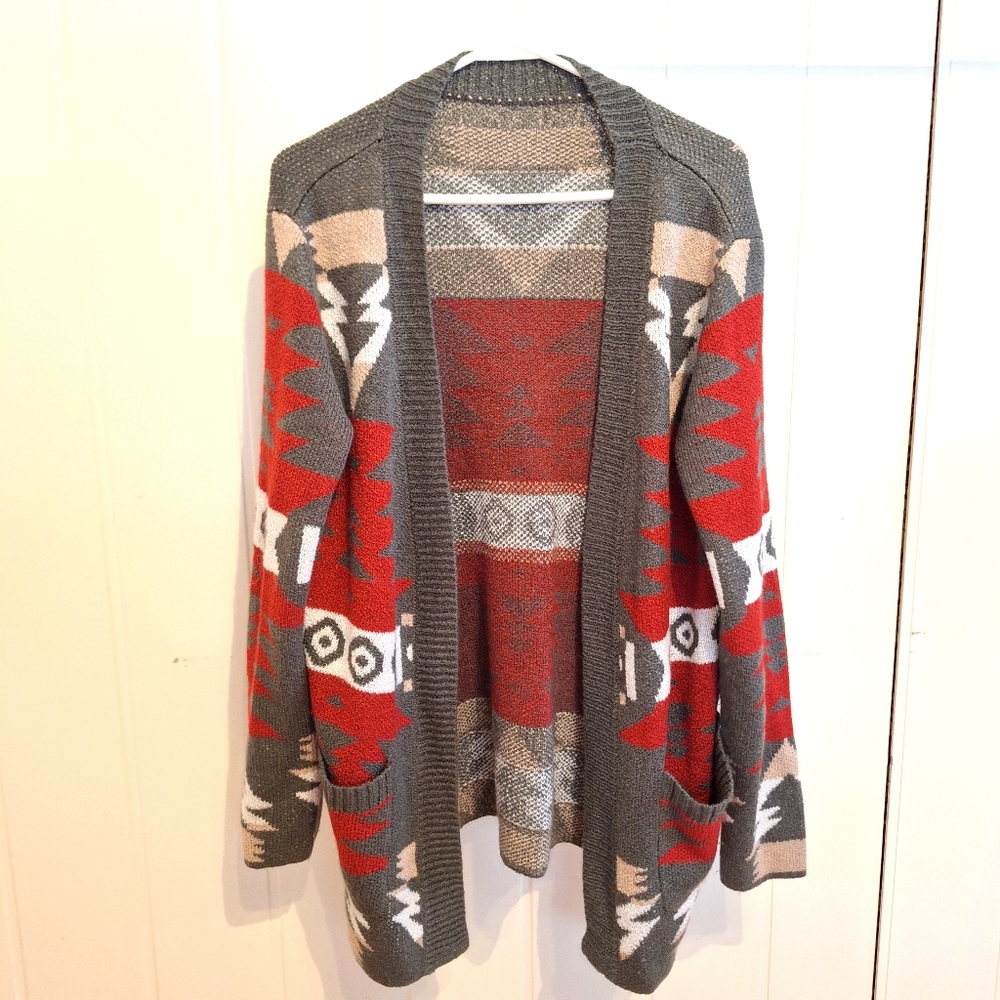 Stylish Gray & Red Western Aztec Navajo Pattern Women's Sweater Size L Like New